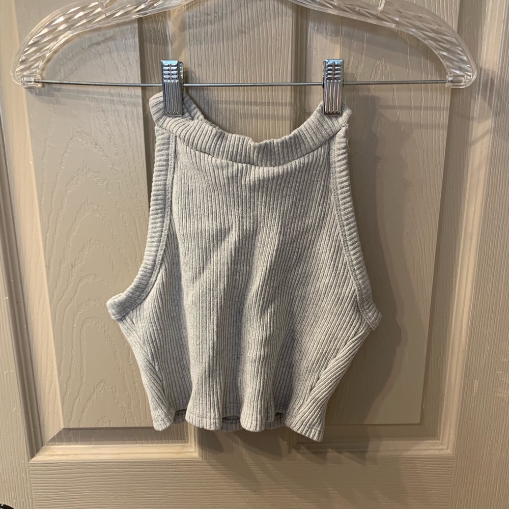 Cropped racerback tank top.